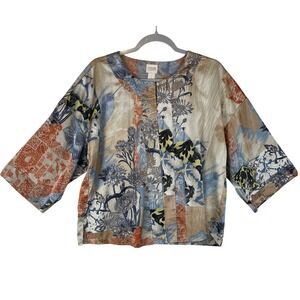 Chicos Collection Floral Patchwork Blouse Blue Orange 3/4 Sleeve Size 1 Medium